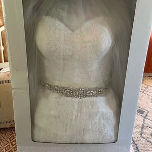 Size 6 David’s Bridal dress, veil, and belt.